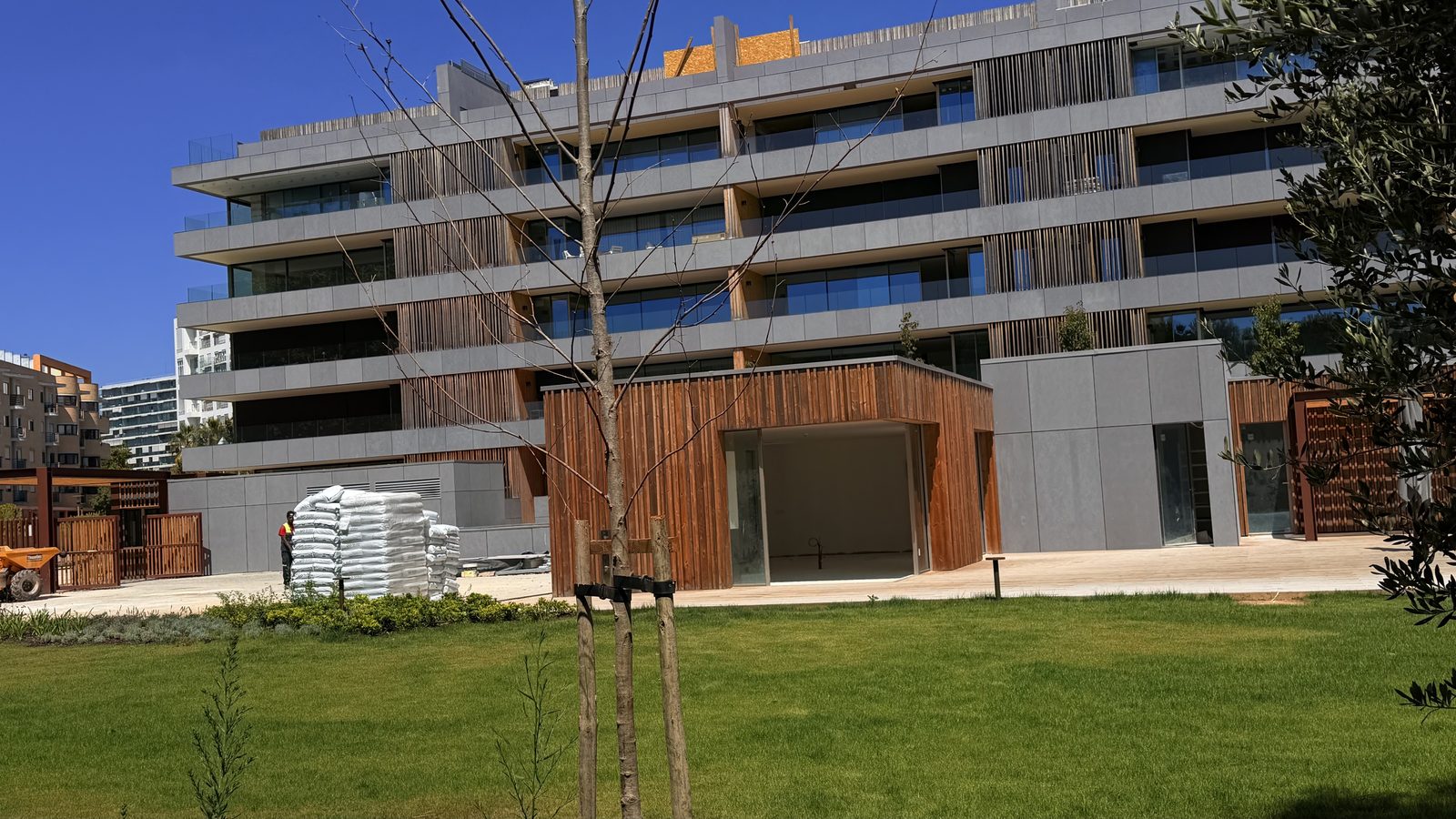 Pérgola estrutural em vigas de madeira sobre deck junto à piscina